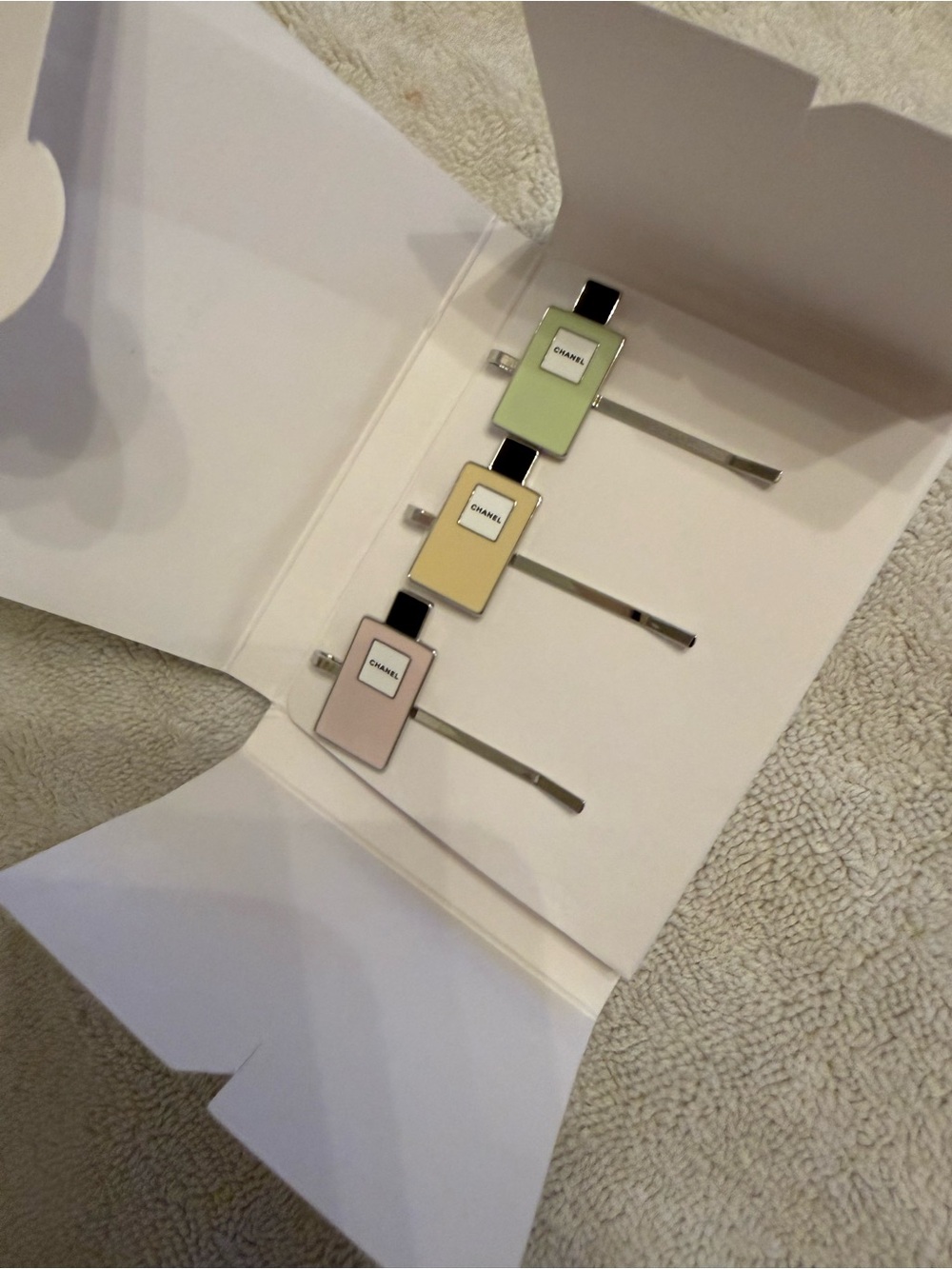 CHANEL Pastel Pink, Yellow & Green Rectangular Hair Pin Trio